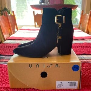 Unisa Black Suede Ankle Booties with Gold Buckle